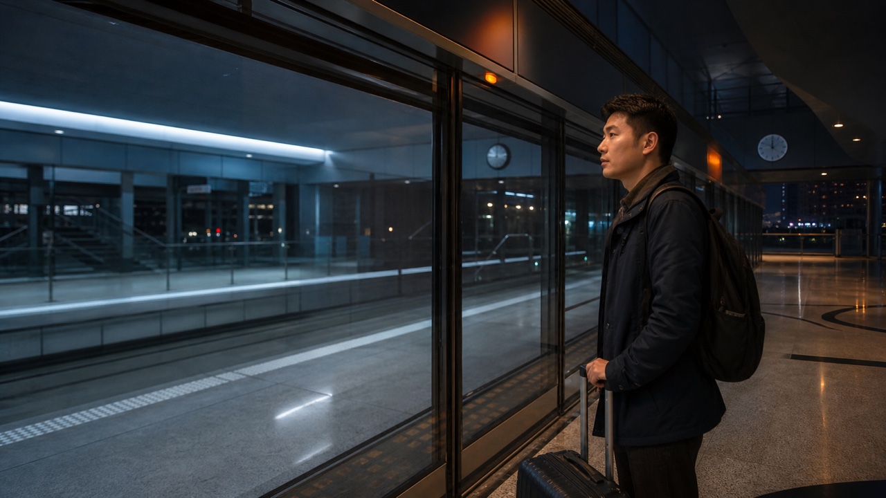 夜間在空蕩地鐵月台等待的旅客